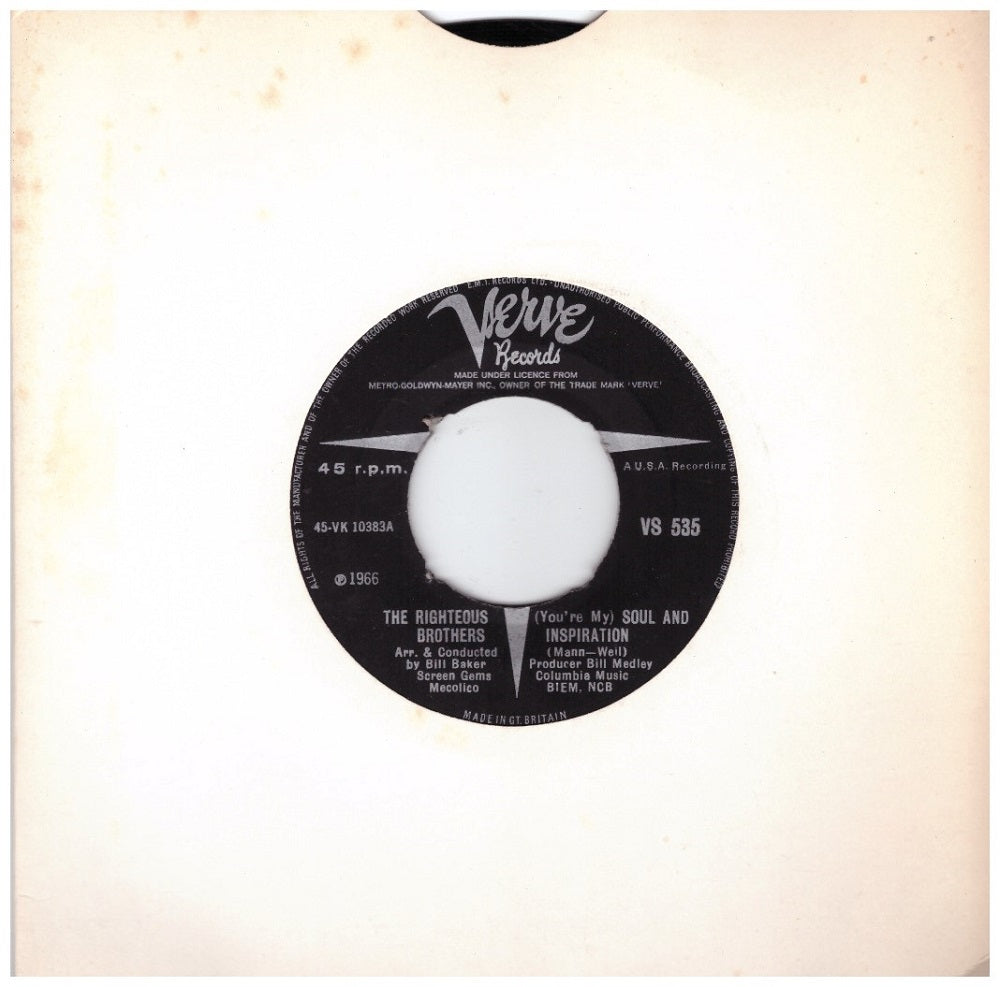 7" 45RPM (You're My) Soul And Inspiration/B Side Blues by The Righteous Brothers from Verve Records (VS 535)