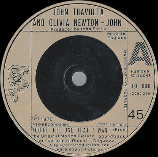 7" 45RPM You're The One That I Want/Alone At A Drive-In Movie (Instrumental) by John Travolta & Olivia Newton-John from RSO (RSO 006)