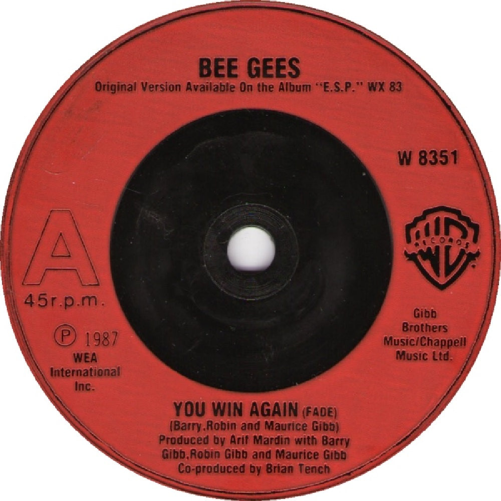 7" 45RPM You Win Again/Backtafunk by Bee Gees from WB Records (W 8351)